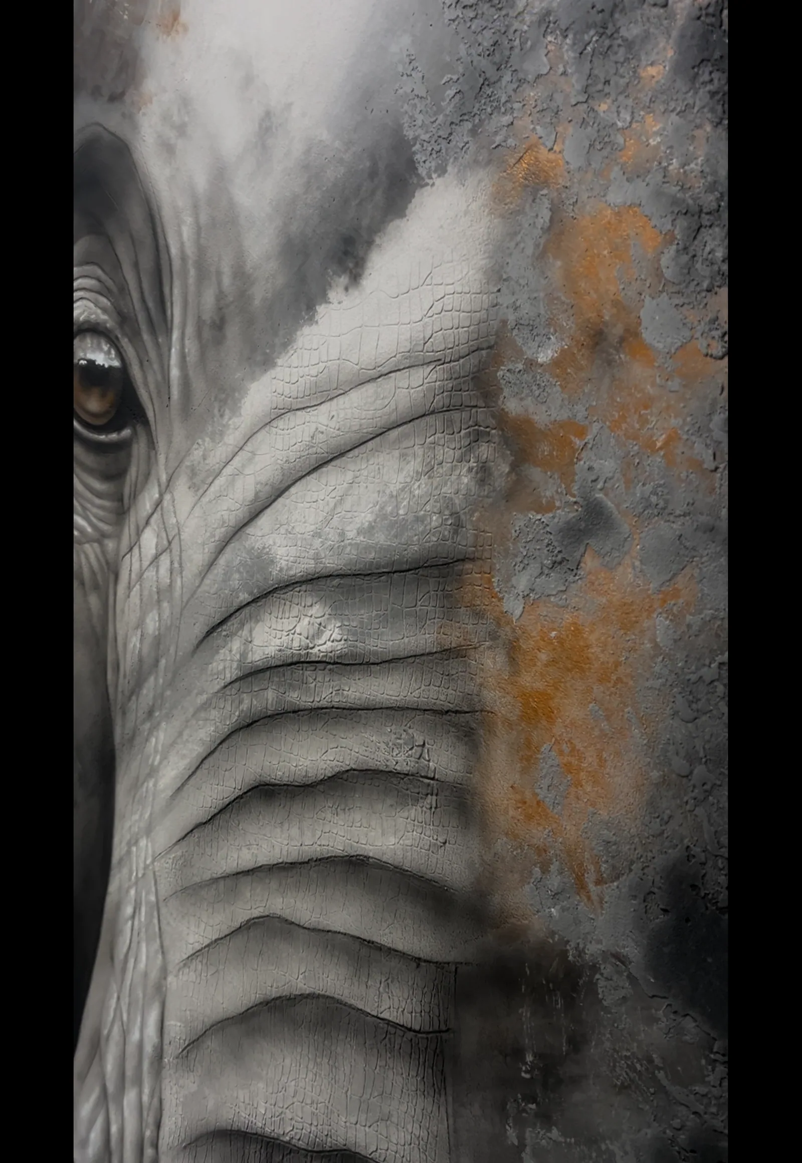 Airbrushed elephant mural on plaster with rust and patina detail