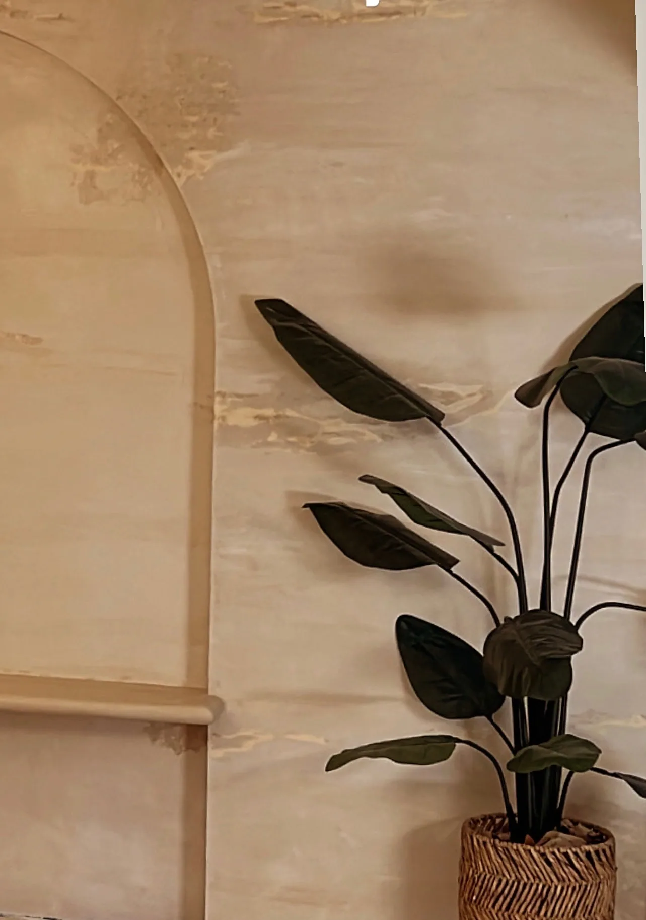 Sand-toned Marmorino arched alcove with a timber rail and a potted plant